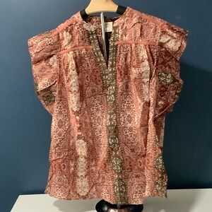 Paisley Split-Neck Flutter Sleeve Blouse - Pink/Olive